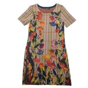 Troubadour Floral Plaid Knit Dress Womens Small Brown Wool Blend Felted Applique